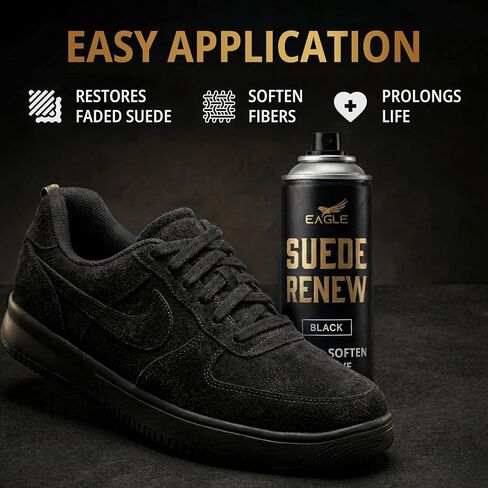 بخاخ Eagle Suede Restorer Spray باللون الأسود - مرمم لون الجلد السويدي وجلد النوبوك للأحذية والأحذية الطويلة والسترات، رذاذ متجدد لاستعادة اللون وإحياء القيلولة والملمس، يتضمن فرشاة ثلاثية الاتجاهات، 250 مل in Kuwait