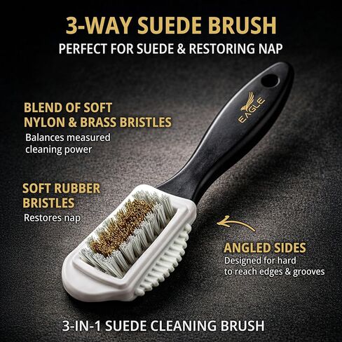 بخاخ Eagle Suede Restorer Spray باللون الأسود - مرمم لون الجلد السويدي وجلد النوبوك للأحذية والأحذية الطويلة والسترات، رذاذ متجدد لاستعادة اللون وإحياء القيلولة والملمس، يتضمن فرشاة ثلاثية الاتجاهات، 250 مل in Kuwait