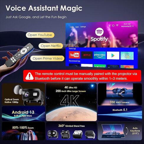 جهاز عرض صغير مع WiFi و Bluetooth و Electric Focus & Vertical Keystone ، ودعم 1080 بكسل HD 4K ، وجهاز عرض ذكي مع تطبيقات بث مدمجة ، وجهاز عرض محمول للفيلم الخارجي والمنزل in Kuwait