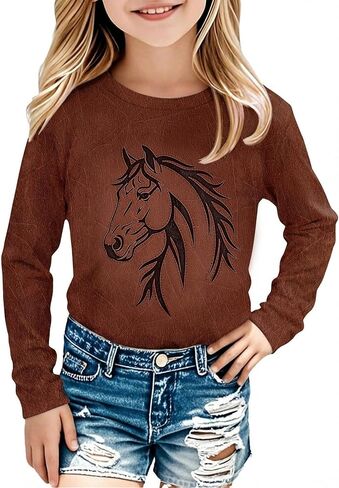 Girls Western Horse Shirt - Kids Retro Outfit Cowgirl Long Sleeve Top Country Rodeo Sweatshirt Toddler Graphic Tee in Kuwait