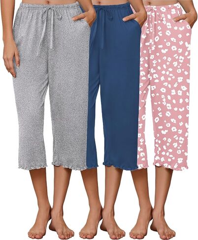 Ekouaer 3 Pack Women Capri Pajama Pants 2026 كشكش هيم صالة السراويل الرباط PJ قيعان مع جيوب in Kuwait