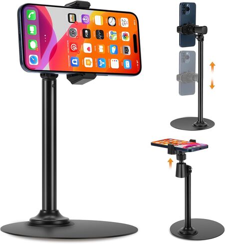 Adjustable Phone Stand for Desk with Clip Mount Live Streaming: 360° Rotatable Overhead Shot Holder with Sturdy Metal Base, Compatible with TikTok, YouTube, Zoom Video Recording (Black) in Saudi Arabia