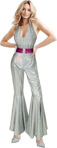70s Disco Outfits For Women Sparkle Flare Jumpsuit Party Costume For Adult Women in Kuwait