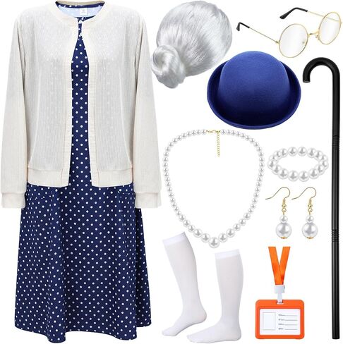 Shinymoon 13 Pcs 100 Days of Old Lady School Costume Set for Women Grandma Granny Cosplay Outfit Set Dress up Accessories in Saudi Arabia