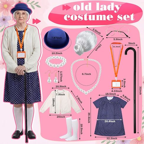 Shinymoon 13 Pcs 100 Days of Old Lady School Costume Set for Women Grandma Granny Cosplay Outfit Set Dress up Accessories in Saudi Arabia