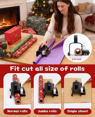 قطعتان من قطع ورق التغليف مع عجلات وموزع شريط - مجموعة أدوات تغليف الهدايا مع شفرات قابلة للاستبدال لعيد الميلاد وأعياد الميلاد - قطع آمن وفعال ودقيق in Kuwait