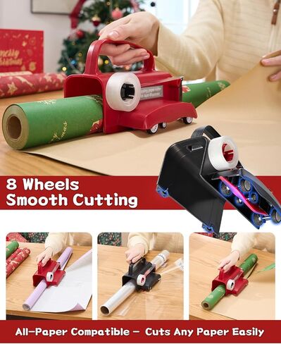 قطعتان من قطع ورق التغليف مع عجلات وموزع شريط - مجموعة أدوات تغليف الهدايا مع شفرات قابلة للاستبدال لعيد الميلاد وأعياد الميلاد - قطع آمن وفعال ودقيق in Kuwait