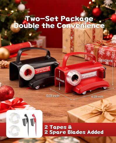 قطعتان من قطع ورق التغليف مع عجلات وموزع شريط - مجموعة أدوات تغليف الهدايا مع شفرات قابلة للاستبدال لعيد الميلاد وأعياد الميلاد - قطع آمن وفعال ودقيق in Kuwait