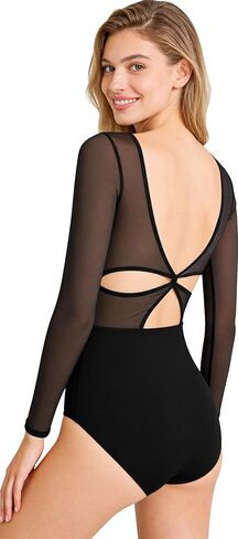 ثوب رقص شبكي بأكمام طويلة للنساء البالغات، ملابس رقص باليه سوداء، ظهر متقاطع ملتوي in Kuwait