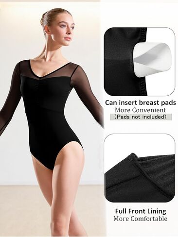 Mesh Long Sleeve Dance Leotard for Women Adult Black Ballet Dancewear,Twisted Cross-Back in Saudi Arabia