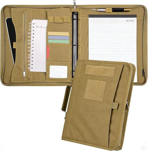 Tactical A4 Zipper Binder, Oxford Cloth Notebook Cover, Tactical Padfolio with Multiple Pen Slots, Water-Resistant Tactical Binder for Outdoor, Khaki in Kuwait