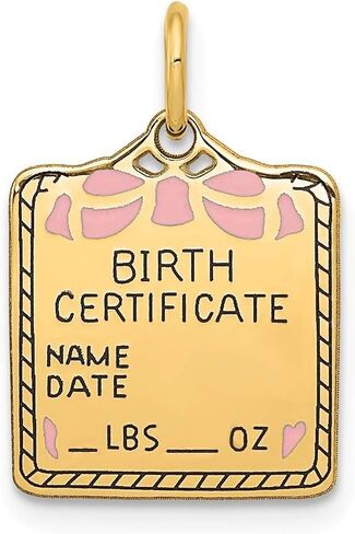 Roy Rose Jewelry 14K Yellow Gold Enameled Pink Engravable Birth Certificate Charm in Saudi Arabia