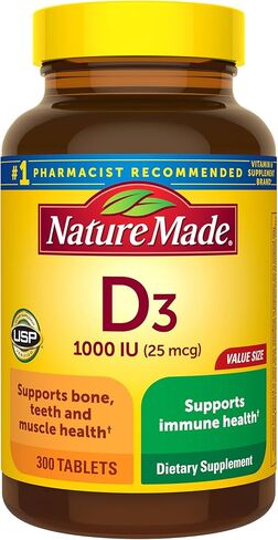 Nature Made Vitamin D3, 100 Tablets, Vitamin D 1000 IU (25 mcg) Helps Support Immune Health, Strong Bones and Teeth, & Muscle Function, 125% of the Daily Value for Vitamin D in One Daily Tablet in Kuwait