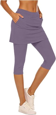 Womens Skirted Leggings Yoga Capri Pants Elastic High Waisted Summer Athletic Golf Tennis Skorts Legging with Pockets in Saudi Arabia