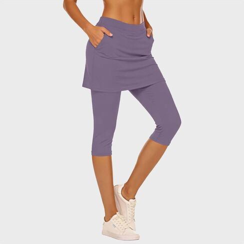 Womens Skirted Leggings Yoga Capri Pants Elastic High Waisted Summer Athletic Golf Tennis Skorts Legging with Pockets in Saudi Arabia