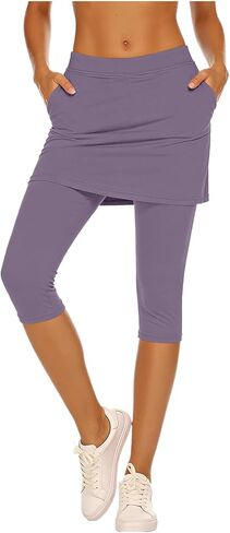 Womens Skirted Leggings Yoga Capri Pants Elastic High Waisted Summer Athletic Golf Tennis Skorts Legging with Pockets in Saudi Arabia