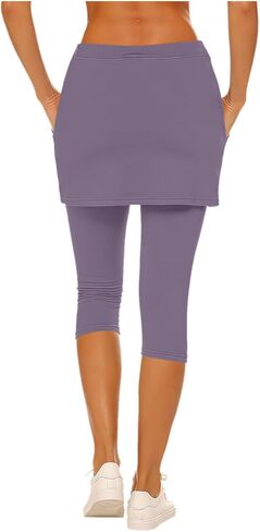 Womens Skirted Leggings Yoga Capri Pants Elastic High Waisted Summer Athletic Golf Tennis Skorts Legging with Pockets in Saudi Arabia