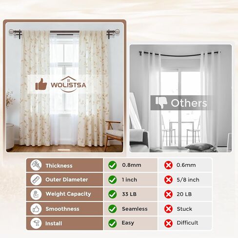 قضيب ستارة مزدوج من خشب الجوز، قضبان ستائر مزدوجة طويلة مزخرفة من بوهو للنوافذ من 84 إلى 120 بوصة، قضيب مزدوج شديد التحمل قابل للتعديل مقاس 1 بوصة، تصميم نهائي فريد من نوعه مصنوع يدويًا من الخشب المحبب in Kuwait