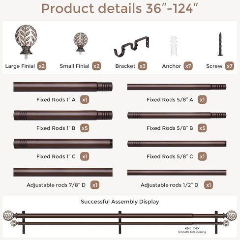 قضيب ستارة مزدوج من خشب الجوز، قضبان ستائر مزدوجة طويلة مزخرفة من بوهو للنوافذ من 84 إلى 120 بوصة، قضيب مزدوج شديد التحمل قابل للتعديل مقاس 1 بوصة، تصميم نهائي فريد من نوعه مصنوع يدويًا من الخشب المحبب in Kuwait