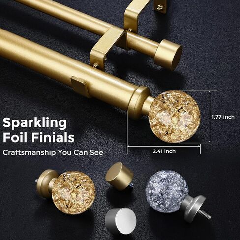 Gold Double Curtain Rods for Windows 72 to 144 Inch, Extra Long Dual Curtain Rod with Decorative Crystal Gold Foil Finial, 1" Adjustable Heavy Duty Vintage Spliced Window Treatment Rods in Kuwait