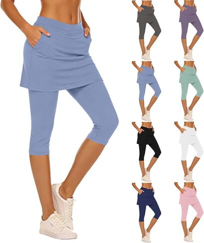 Womens Skirted Leggings Yoga Capri Pants Elastic High Waisted Summer Athletic Golf Tennis Skorts Legging with Pockets in Saudi Arabia