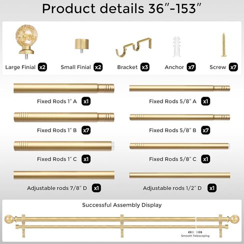 Gold Double Curtain Rods for Windows 72 to 144 Inch, Extra Long Dual Curtain Rod with Decorative Crystal Gold Foil Finial, 1" Adjustable Heavy Duty Vintage Spliced Window Treatment Rods in Kuwait