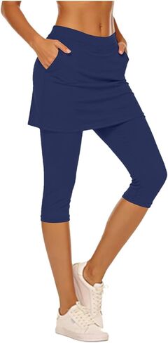 Womens Skirted Leggings Yoga Capri Pants Elastic High Waisted Summer Athletic Golf Tennis Skorts Legging with Pockets in Saudi Arabia