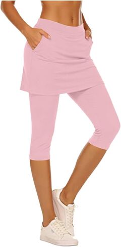 Womens Skirted Leggings Yoga Capri Pants Elastic High Waisted Summer Athletic Golf Tennis Skorts Legging with Pockets in Saudi Arabia