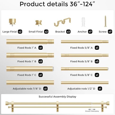 Double Curtain Rod, Gold Long Dual Curatin Rod for Windows 84 to 120 Inches, 1" Adjustable Heavy Duty Window Treatment Rods with Modern End Cap Finial, Decorative Spliced Metal Drapery Rods in Kuwait