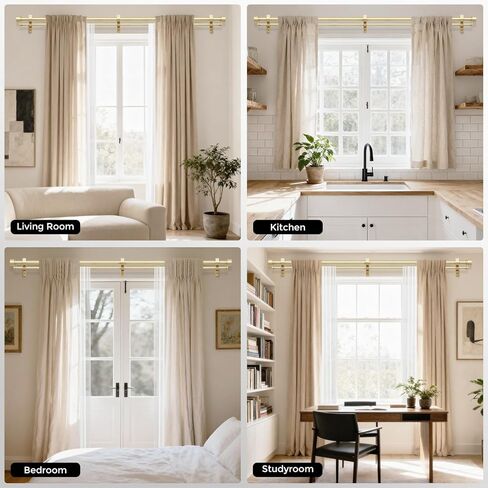 Double Curtain Rod, Gold Long Dual Curatin Rod for Windows 84 to 120 Inches, 1" Adjustable Heavy Duty Window Treatment Rods with Modern End Cap Finial, Decorative Spliced Metal Drapery Rods in Kuwait