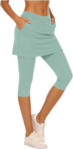 Womens Skirted Leggings Yoga Capri Pants Elastic High Waisted Summer Athletic Golf Tennis Skorts Legging with Pockets in Saudi Arabia
