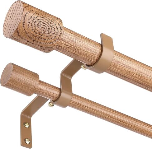 Wood Double Curtain Rod, Boho Decorative Long Dual Curtain Rod 66 to 120 Inch, 1 Inch Adjustable Heavy Duty Rustic Farmhouse Spliced Drapery Rods, Modern Faux Wood Grain Design in Kuwait