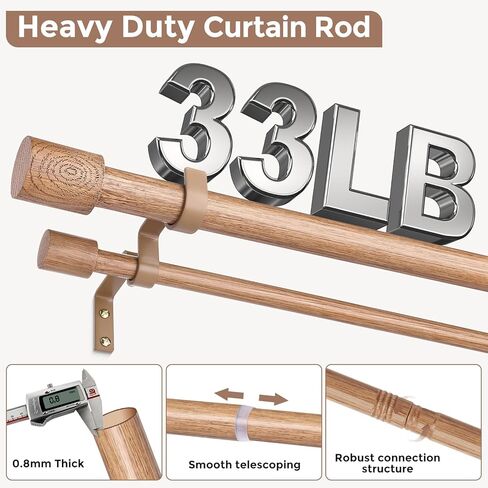 Wood Double Curtain Rod, Boho Decorative Long Dual Curtain Rod 66 to 120 Inch, 1 Inch Adjustable Heavy Duty Rustic Farmhouse Spliced Drapery Rods, Modern Faux Wood Grain Design in Kuwait