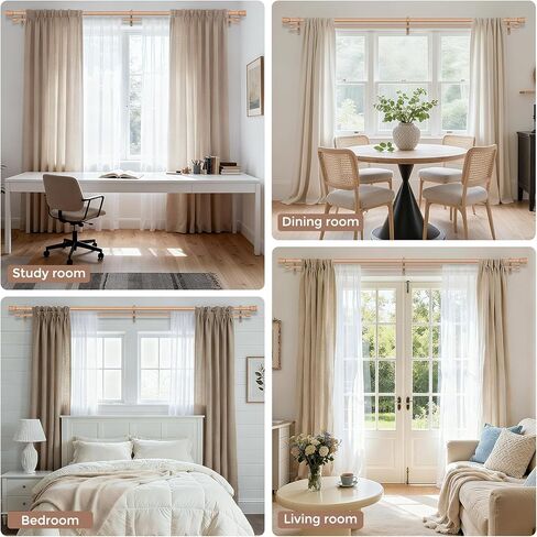 Wood Double Curtain Rod, Boho Decorative Long Dual Curtain Rod 66 to 120 Inch, 1 Inch Adjustable Heavy Duty Rustic Farmhouse Spliced Drapery Rods, Modern Faux Wood Grain Design in Kuwait