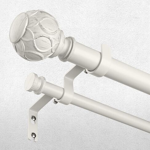 White Double Curtain Rod, 72 to 144 Inch Extra Long Dual Curtain Rods with Boho Netted Texture Finial, Decorative 1 Inch Adjustable Window Treatment Rods, Antique Vintage Farmhouse Double Drapery Pole in Kuwait