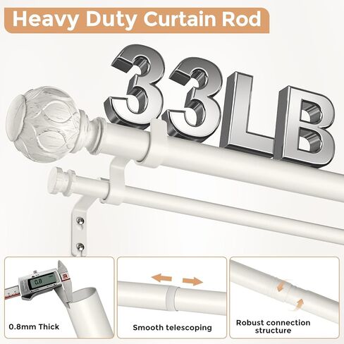 White Double Curtain Rod, 72 to 144 Inch Extra Long Dual Curtain Rods with Boho Netted Texture Finial, Decorative 1 Inch Adjustable Window Treatment Rods, Antique Vintage Farmhouse Double Drapery Pole in Kuwait