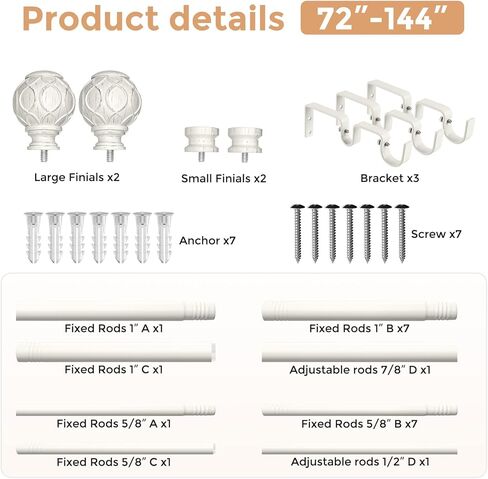 White Double Curtain Rod, 72 to 144 Inch Extra Long Dual Curtain Rods with Boho Netted Texture Finial, Decorative 1 Inch Adjustable Window Treatment Rods, Antique Vintage Farmhouse Double Drapery Pole in Kuwait