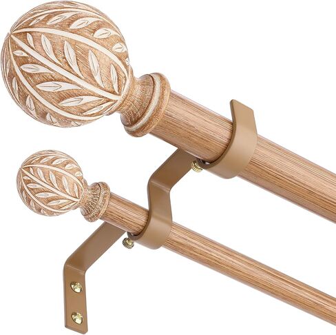 Double Curtain Rods for Windows, Extra Long Boho Dual Curtain Rods with Decorative Handmade Wood Grain Leaf Finial, 1" Adjustable Heavy Duty Spliced Metal Window Treatment Rods 72 to 144 inch in Kuwait