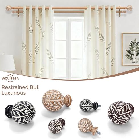 Double Curtain Rods for Windows, Extra Long Boho Dual Curtain Rods with Decorative Handmade Wood Grain Leaf Finial, 1" Adjustable Heavy Duty Spliced Metal Window Treatment Rods 72 to 144 inch in Kuwait