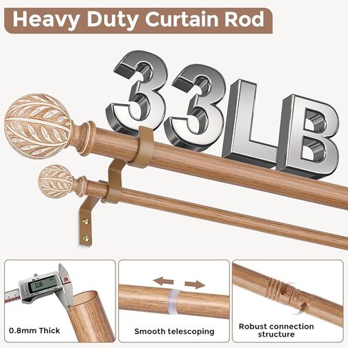 Double Curtain Rods for Windows, Extra Long Boho Dual Curtain Rods with Decorative Handmade Wood Grain Leaf Finial, 1" Adjustable Heavy Duty Spliced Metal Window Treatment Rods 72 to 144 inch in Kuwait