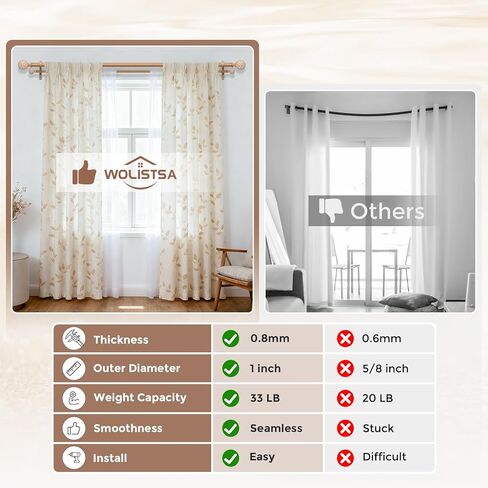 Double Curtain Rods for Windows, Extra Long Boho Dual Curtain Rods with Decorative Handmade Wood Grain Leaf Finial, 1" Adjustable Heavy Duty Spliced Metal Window Treatment Rods 72 to 144 inch in Kuwait