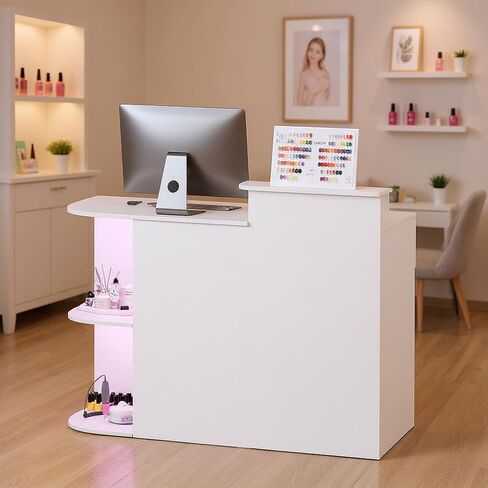 مكتب استقبال حديث وشرائط معدنية يمكنك صنعها بنفسك، مكتب أمامي مزود بإضاءة LED ومنفذ طاقة مخفي، طاولة مكتب الاستقبال للخروج، المكتب، الردهة، سبا صالون الأظافر (أبيض) in Kuwait