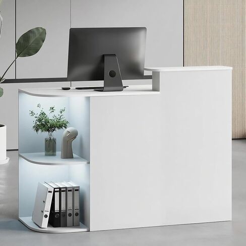 مكتب استقبال حديث وشرائط معدنية يمكنك صنعها بنفسك، مكتب أمامي مزود بإضاءة LED ومنفذ طاقة مخفي، طاولة مكتب الاستقبال للخروج، المكتب، الردهة، سبا صالون الأظافر (أبيض) in Kuwait