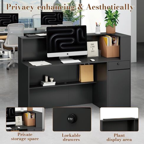 Reception Desk with Counter, Small Front Desk Reception Counter Lockable Drawer, Grille Design Wooden Modern Reception Table for Salon Lobby Office Home Supermarket (White-1) in Saudi Arabia