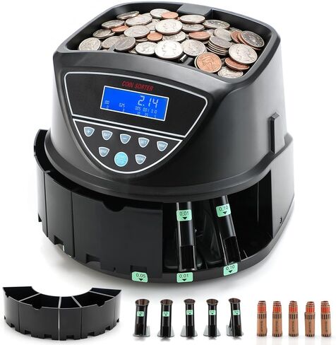 عداد العملات المعدنية 270 وحدة/الدقيقة، آلة فرز وتغليف العملات المعدنية بالدولار الأمريكي بسعة 300 عملة معدنية، عداد التغيير التلقائي مع شاشة LCD لـ 1￠ 5￠ 10￠ 25￠1 دولار، متضمنة 5 صناديق عملات معدنية و5 أنابيب و5 أغلفة in Kuwait