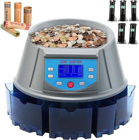 عداد العملات المعدنية 270 وحدة/الدقيقة، آلة فرز وتغليف العملات المعدنية بالدولار الأمريكي بسعة 300 عملة معدنية، عداد التغيير التلقائي مع شاشة LCD لـ 1￠ 5￠ 10￠ 25￠1 دولار، متضمنة 5 صناديق عملات معدنية و5 أنابيب و5 أغلفة in Kuwait