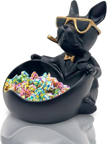 Bulldog Candy Bowl Decor, Heart-shaped Key Holder Bowl Candy Dish, Bulldog Accessories, Resin Bulldog Statue for Office Desk Home Decor Figurines Entryway Table Decor (Black) in Saudi Arabia