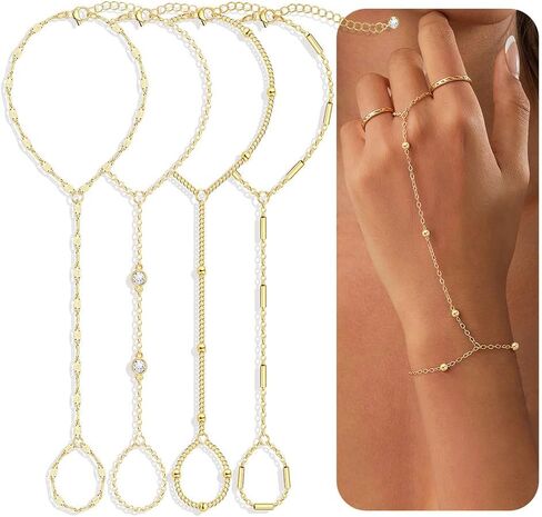 4 Pcs Gold Hand Chain Bracelets for Women, Dainty 14K Gold Plated Ring Bracelet Hand Chain, Stackable Beaded Cubic Zirconia Bracelet Stack Jewelry Gifts in Saudi Arabia