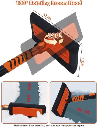 E-SDS 60 بوصة مكنسة الثلج مكشطة الثلج القابلة للانحناء للسيارات ذات رأس إسفنجي 12.2 بوصة، فرشاة ثلج قابلة للتمديد للسيارة والشاحنات وسيارات الدفع الرباعي (برتقالي وأسود) in Kuwait