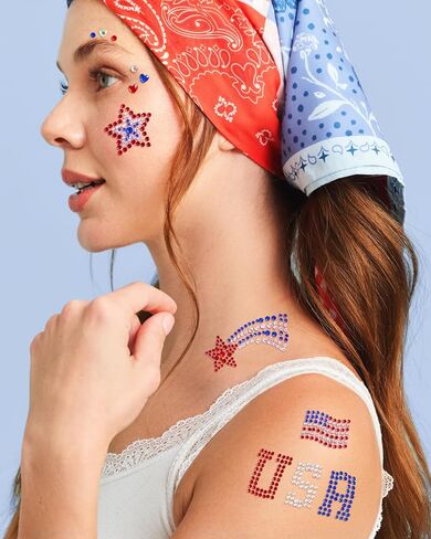 xo، Fetti USA Face Gems - 33 ملصقًا من الأحجار الكريمة | الرابع من يوليو، الحزب الوطني، أحمر أبيض أزرق، عيد الاستقلال، مهرجان، نجوم، سباركلي in Kuwait